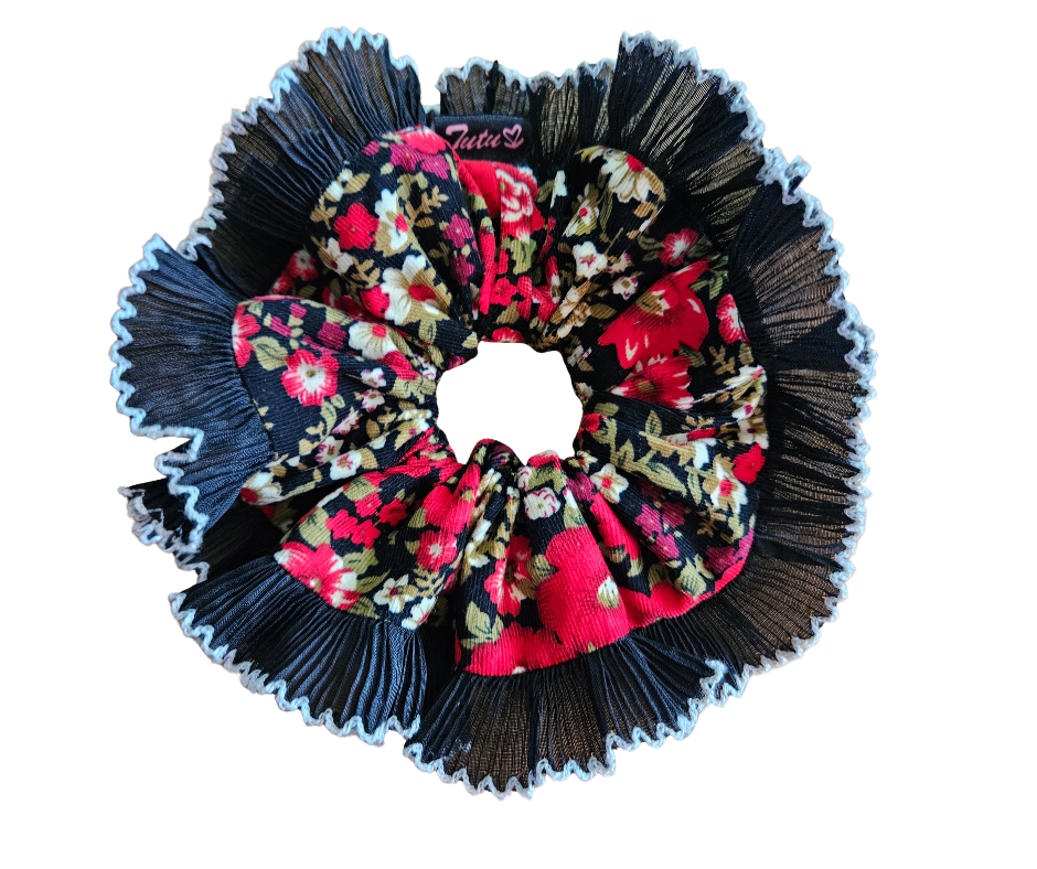 XXL red and black floral bun scrunchie with black ruffled trim