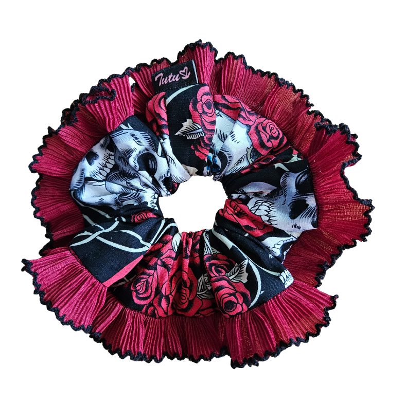 XXL Day of the Dead design red black and white fabric with a frilly Red trim bun scrunchie WILLOW