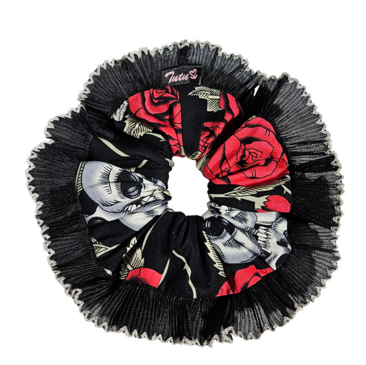 XXL Day of the Dead design red black and white fabric with a frilly black trim bun scrunchie called WILLOW