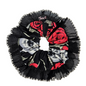 XXL Day of the Dead design red black and white fabric with a frilly black trim bun scrunchie called WILLOW