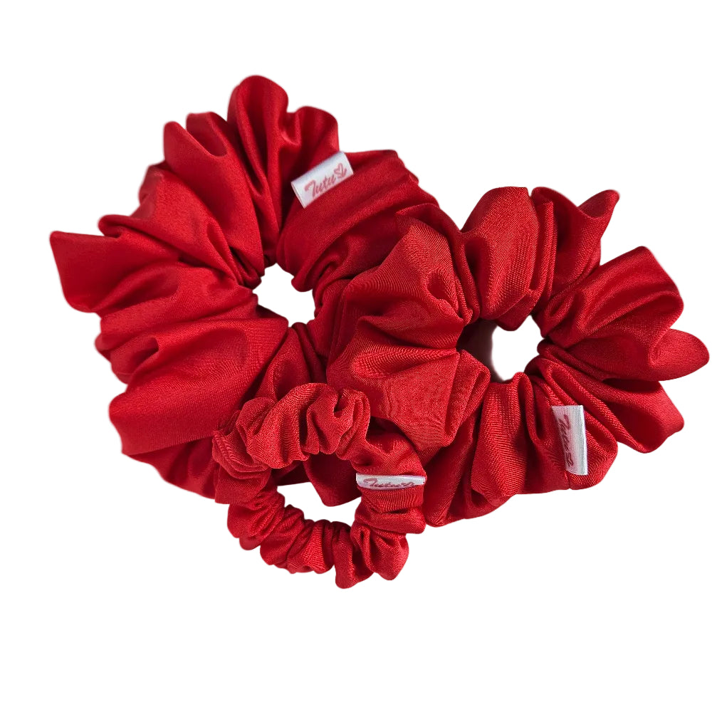 trio of lycra swim scrunchie hair accessories red